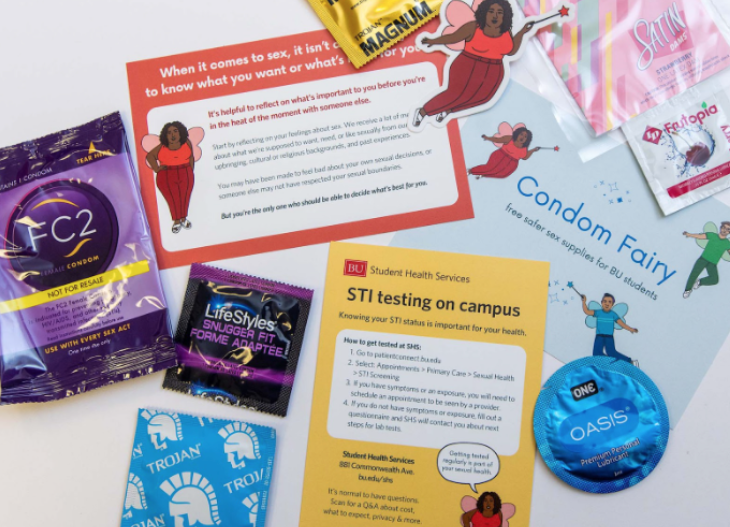 Boston University's Student Health Services Condom Fairy. There are pamphlets and condom wrappers scattered throughout the image, with fairy imagery as well. 